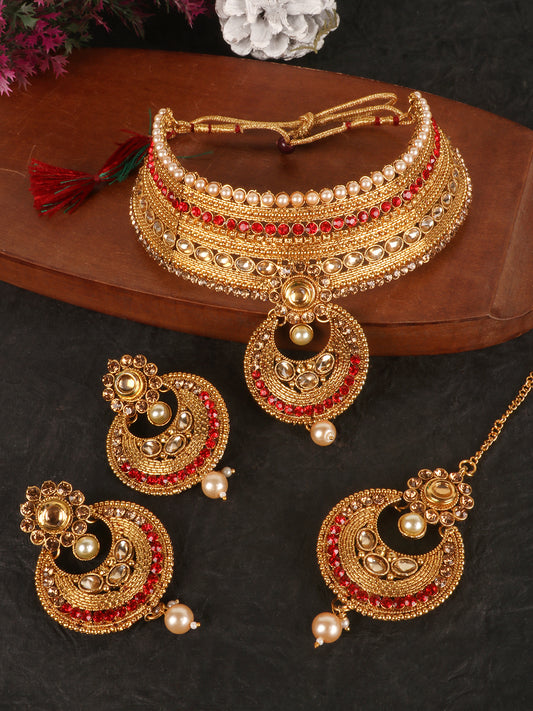 Gold-Plated & Red Stone Studded Choker Set