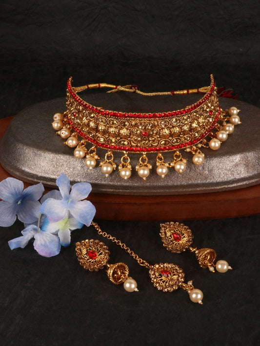 Gold-Plated & Red Kundan Studded Jewellery Set