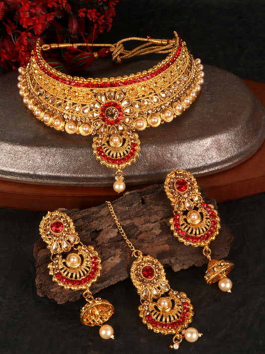 Gold -Toned & Red Floral Stone Studded Choker Set