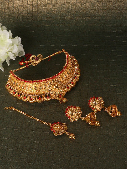 Gold-Plated Red & White Kundan-Studded & Pearl Beaded Vilandi Jewellery Set