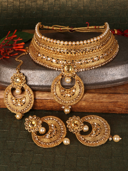 Gold-Plated Floral Stone-Studded Traditional Jewellery Set