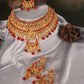 Gold Toned & Red Brass Gold Plated Choker Set With Earrings & Maangtika