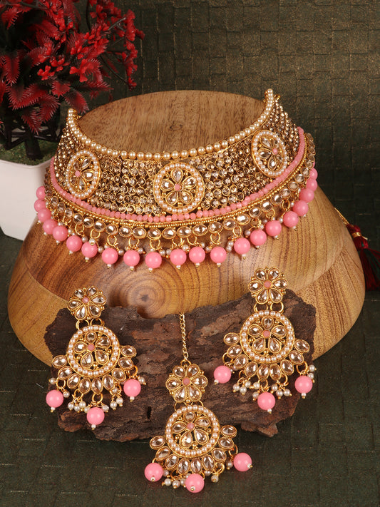 Pink & Gold-Plated Floral Stone Studded Jewellery Set