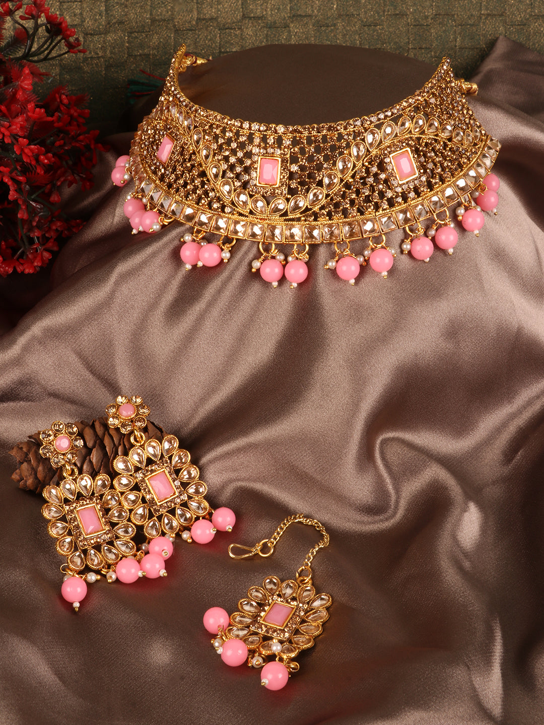 Gold-Toned & Pink Stone-Studded Choker Jewellery Set