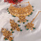 PENNY JEWELS Gold Plated Bridal Green Beads Choker with Designer Jhumka & Maangtika
