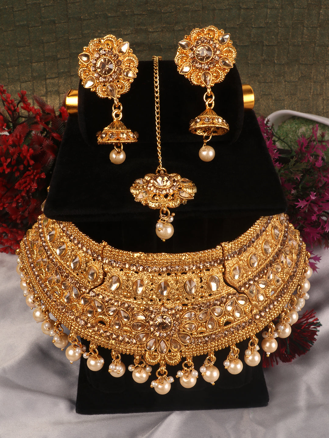 Gold Plated Stone Studded Choker Set with Chandbali Shape Earring & Maangtika