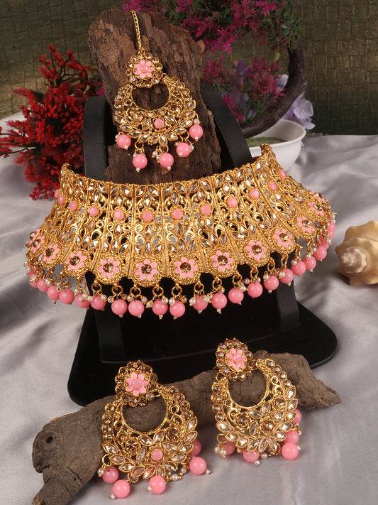 Pink Gold Plated Stone Studded Jewellery Set