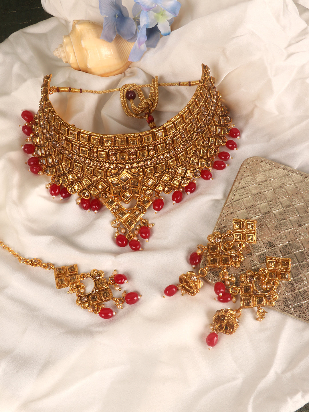 Gold-Plated & Red Kundan-Studded & Pearl Beaded Jewellery Set