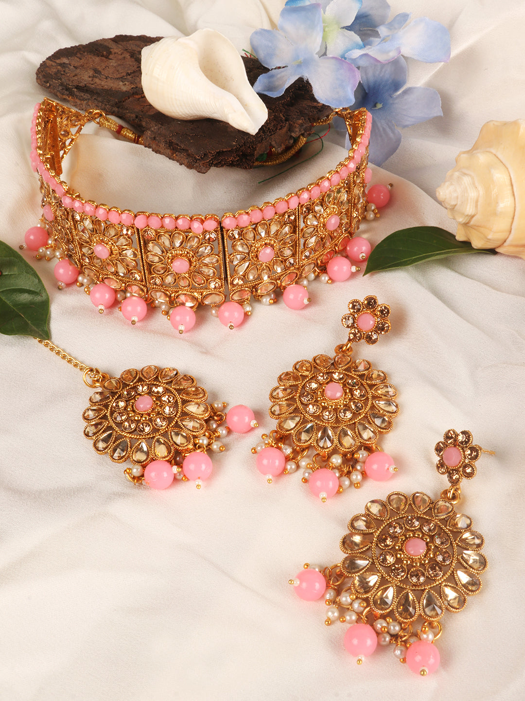 Pink Gold Plated Stone Studded Jewellery Set