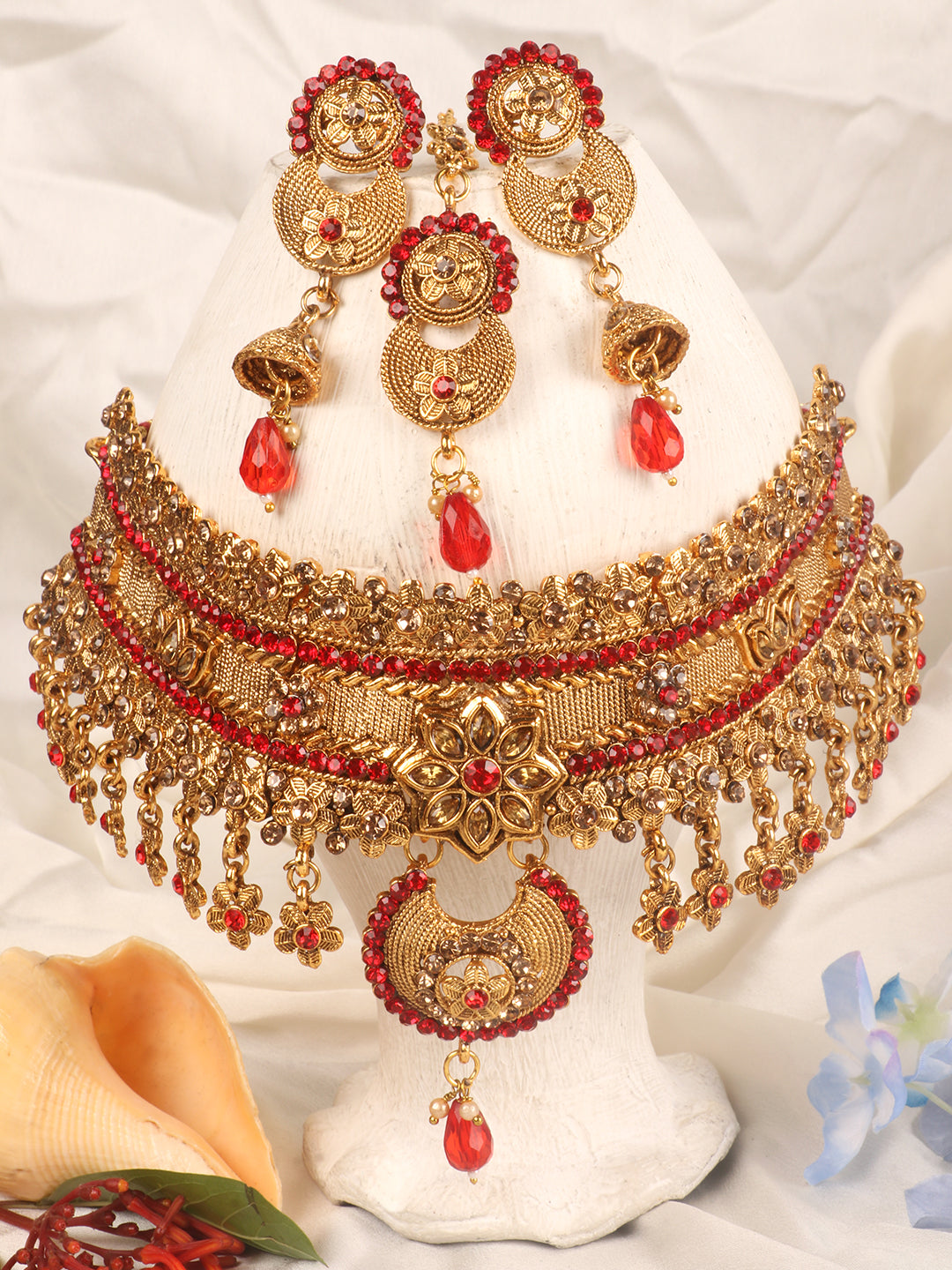 Gold-Plated & Red Stone Studded Choker Set