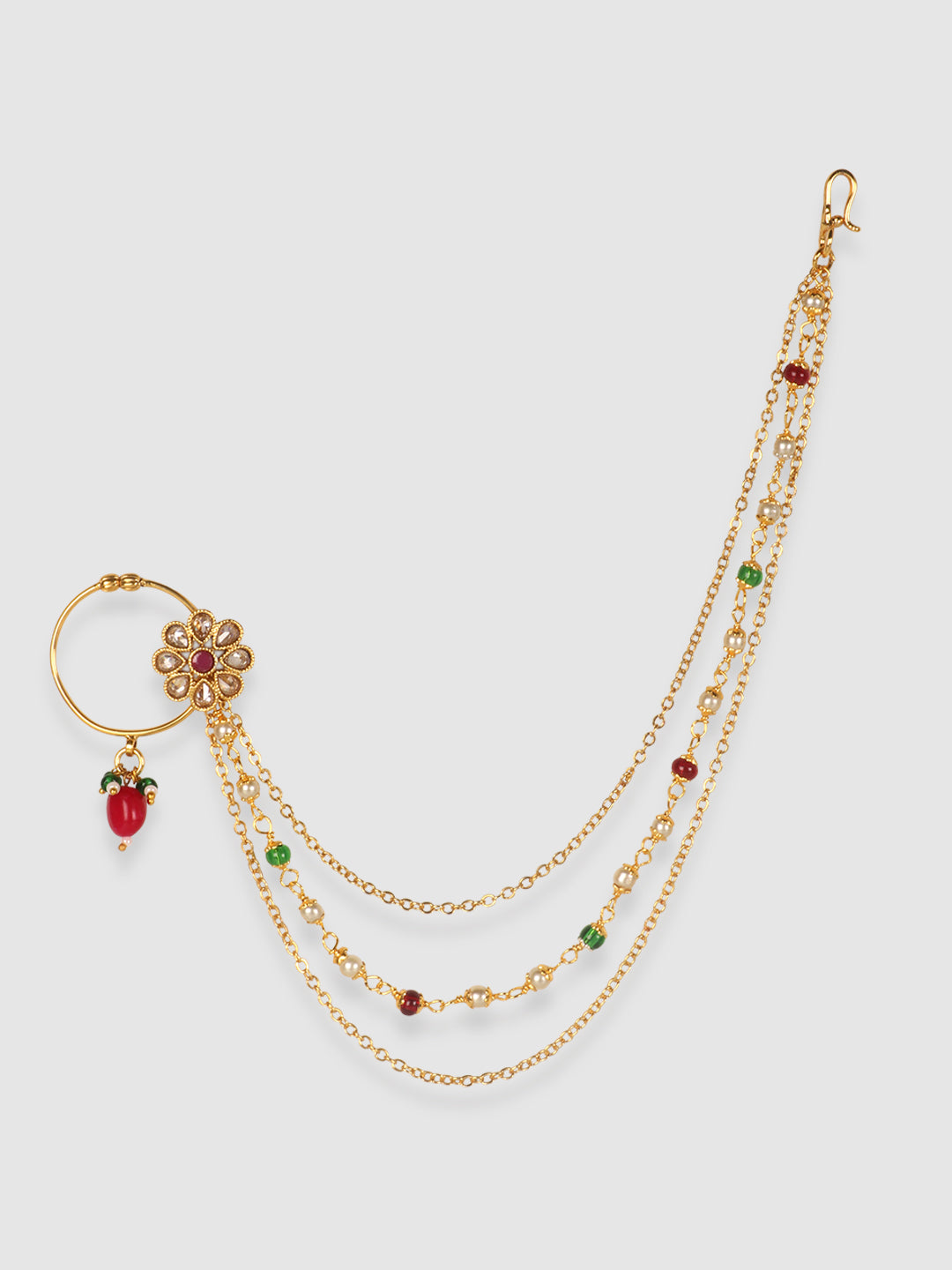 Gold-Plated Green & Red Kundan Stone-Studded & Beaded Nosering