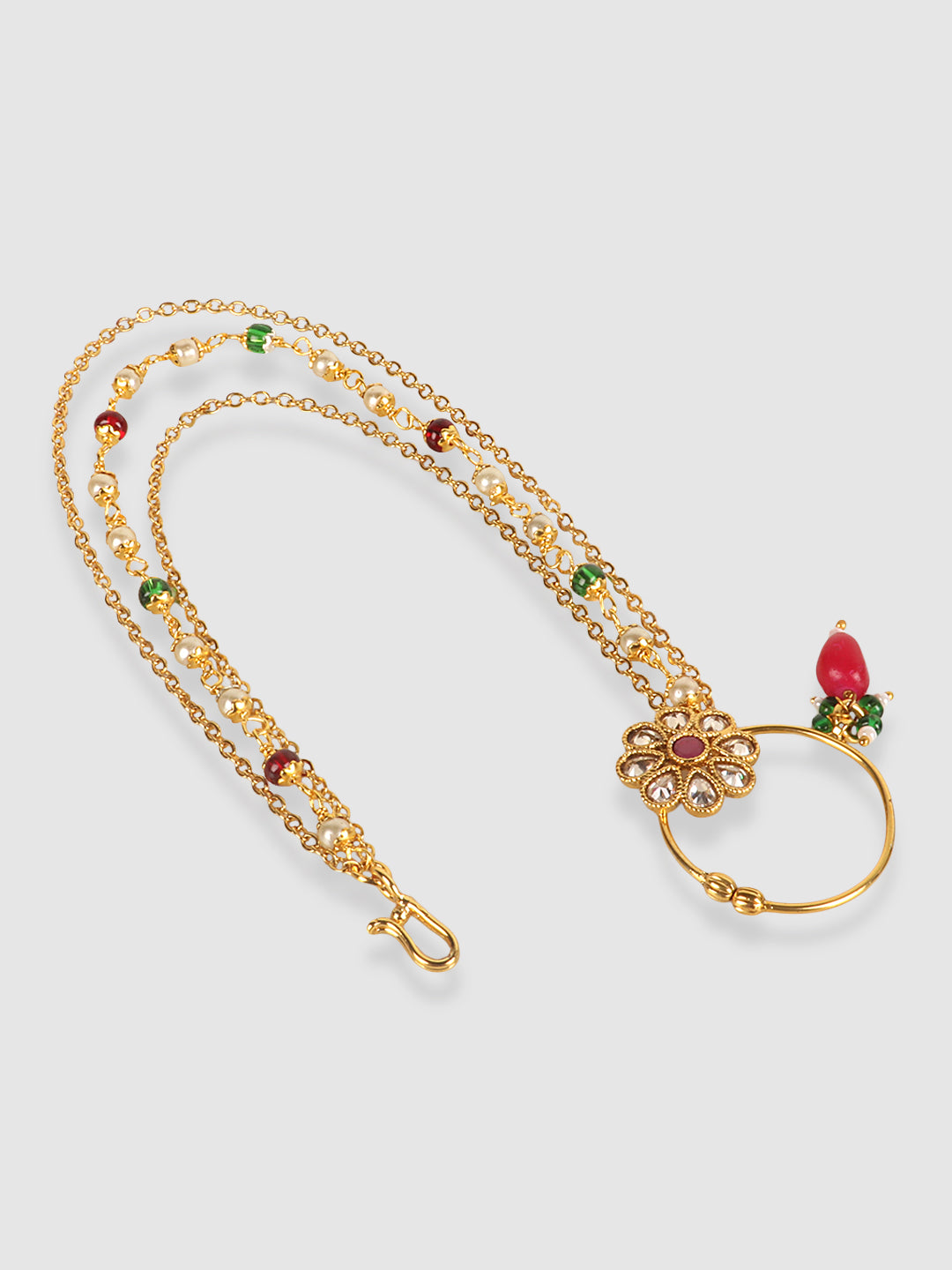 Gold-Plated Green & Red Kundan Stone-Studded & Beaded Nosering