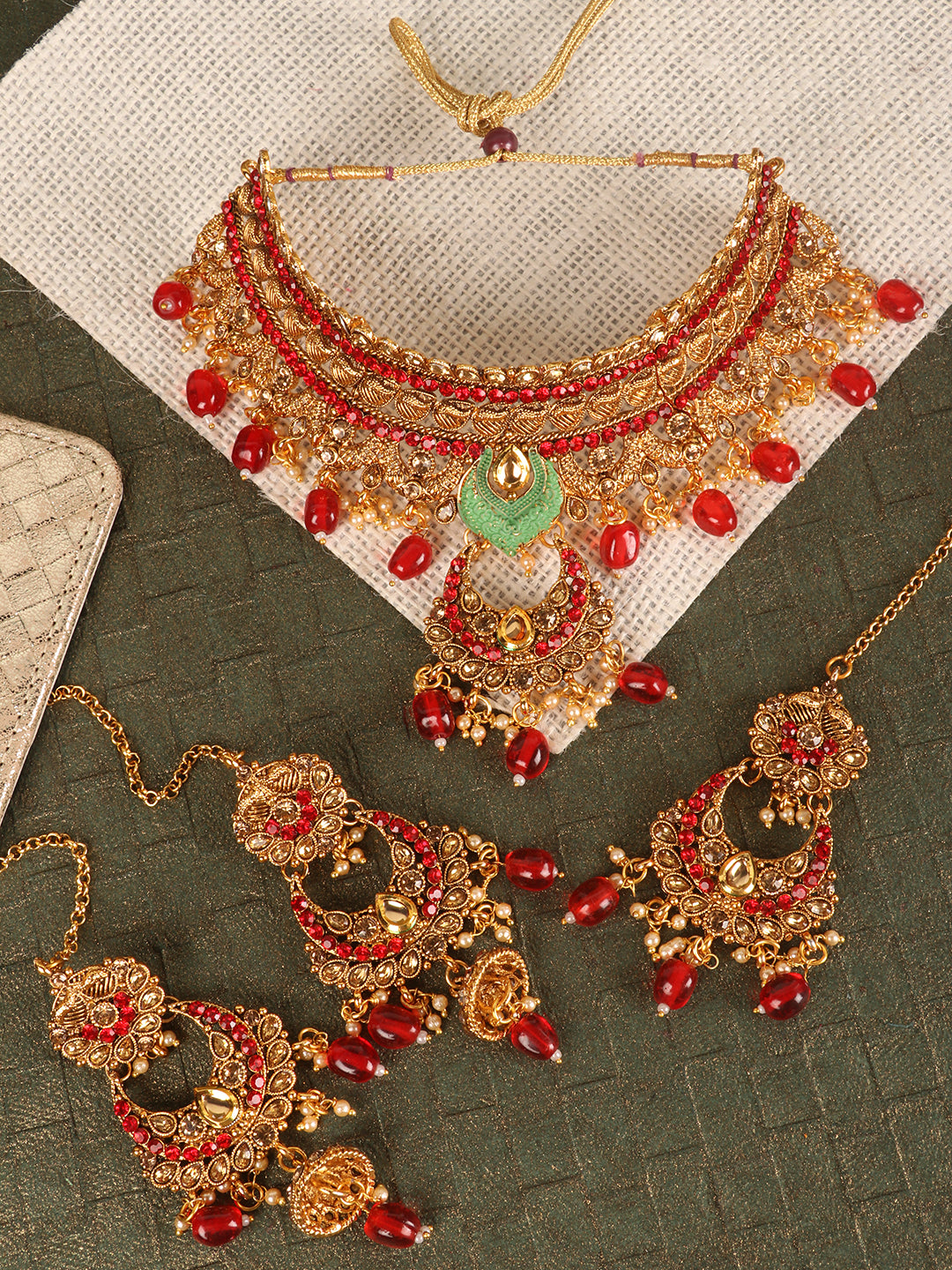 Gold-Toned & Red Stone-Studded Jewellery Set