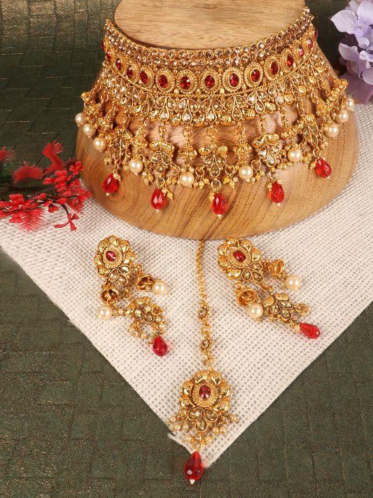 Red & Gold-Toned Stone Studded Choker Set with Maangtika