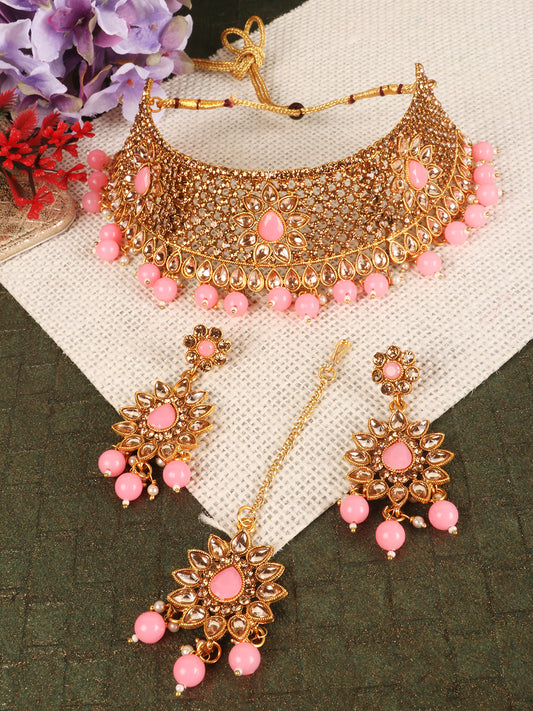 Gold Plated White & Pink Kundan Studded & Beaded Jewellery Set