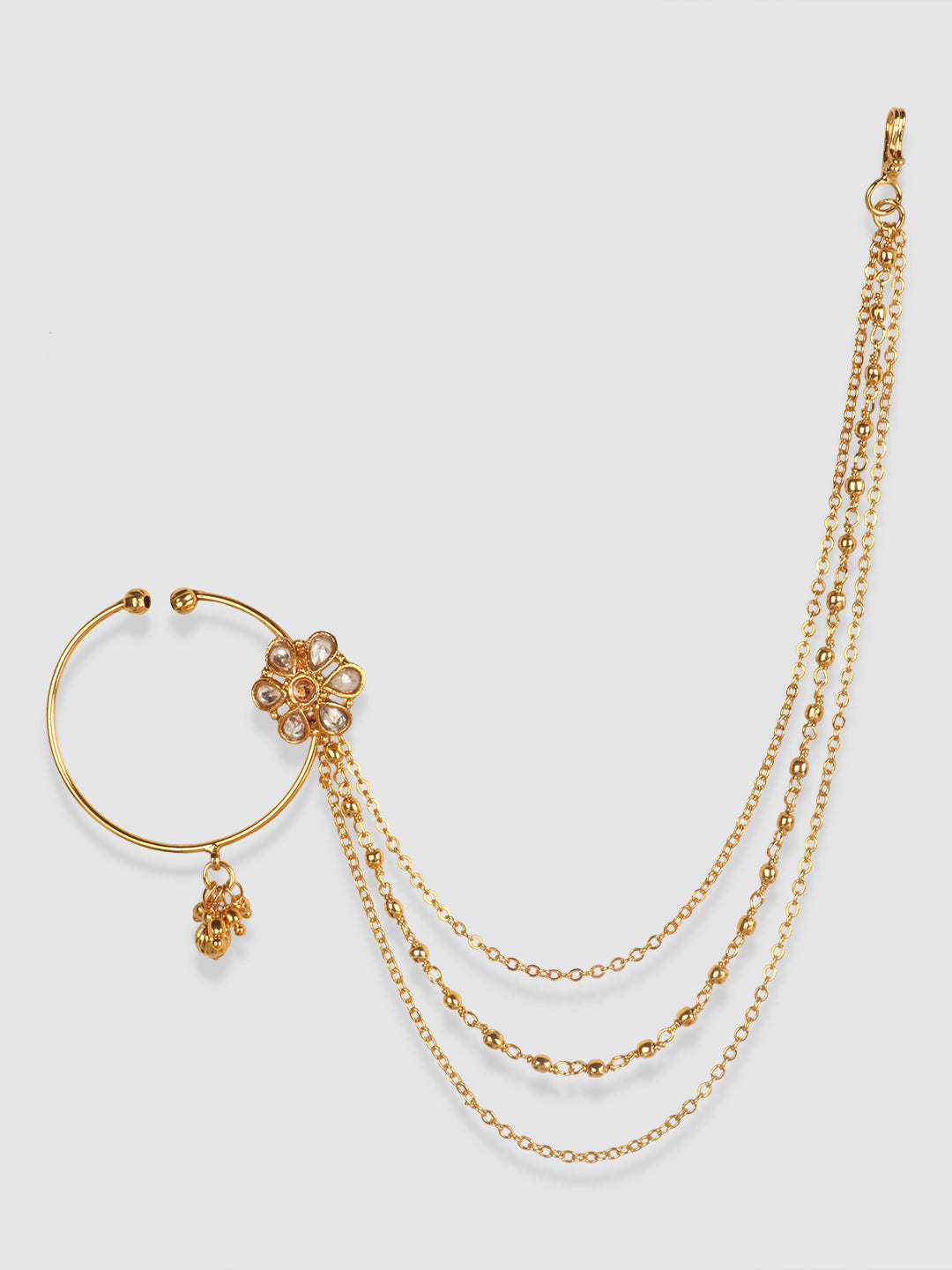 Gold-Plated Handcrafted Kundan Stone-Studded Chained Nose Ring