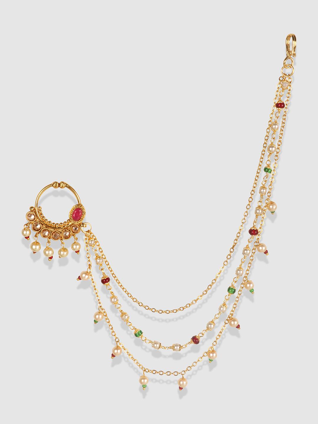 Gold-Plated White Kundan Stone-Studded & Beaded Vilandi Chain Nosering