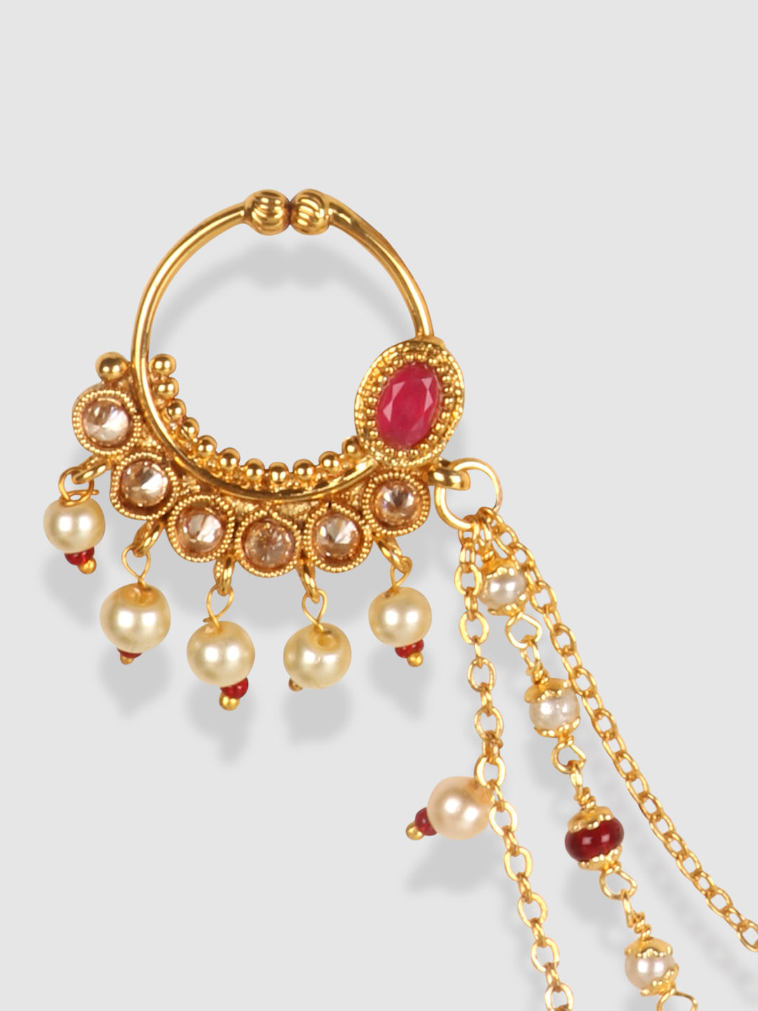 Gold-Plated White Kundan Stone-Studded & Beaded Vilandi Chain Nosering