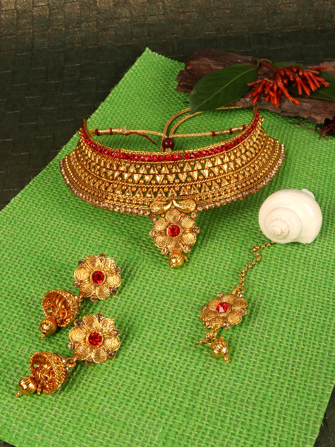 Gold-Toned & Red Stone-Studded Choker Jewellery Set