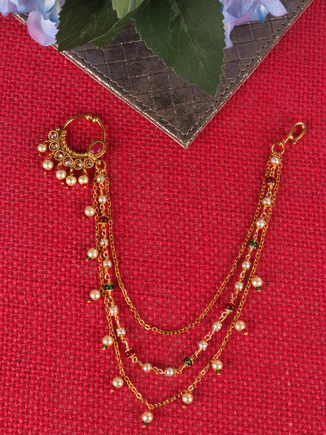 Gold-Plated White Kundan Stone-Studded & Beaded Vilandi Chain Nosering