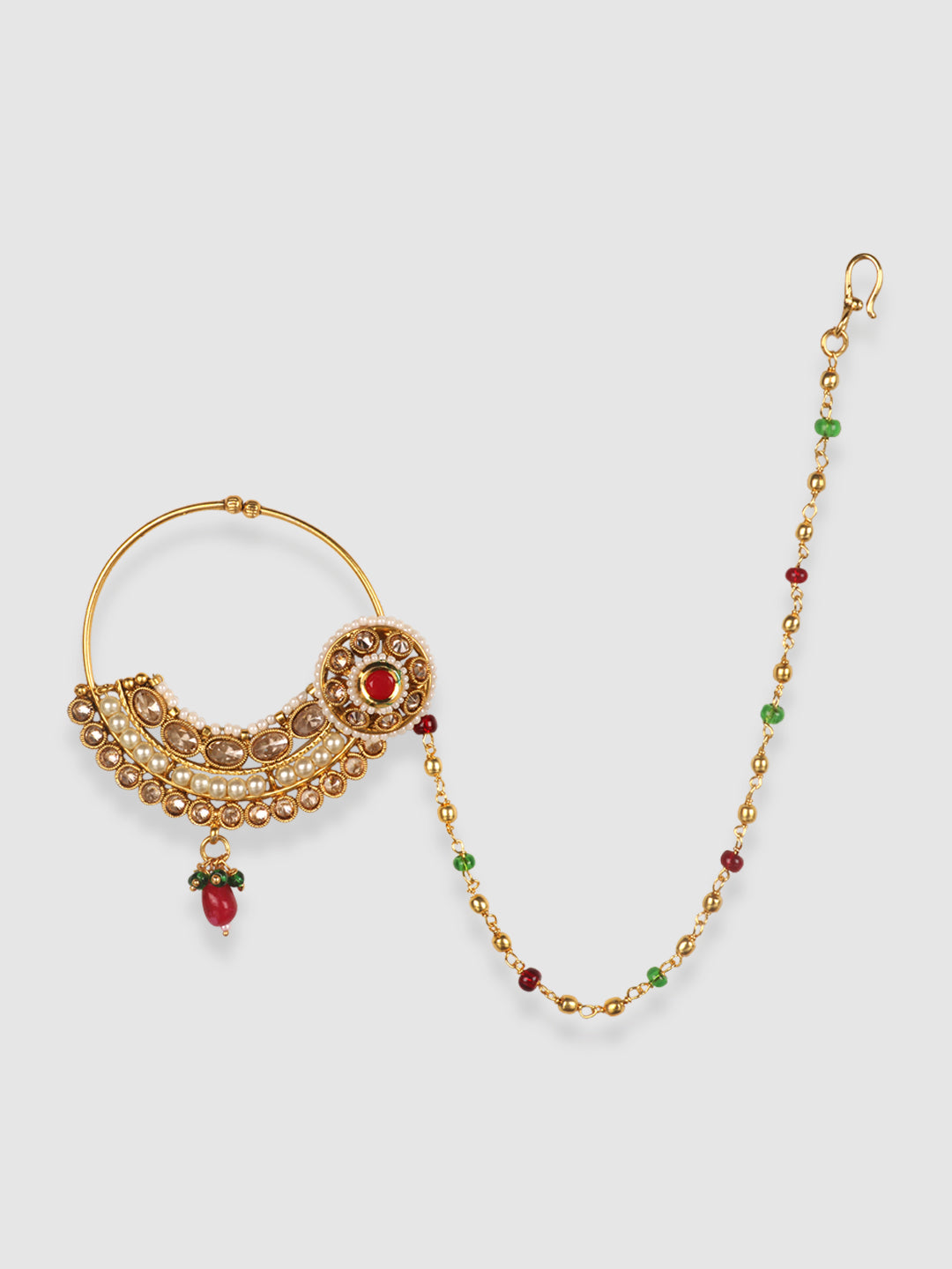 Gold-Plated White & Red Kundan Stone-Studded & Beaded Chained Nose Ring