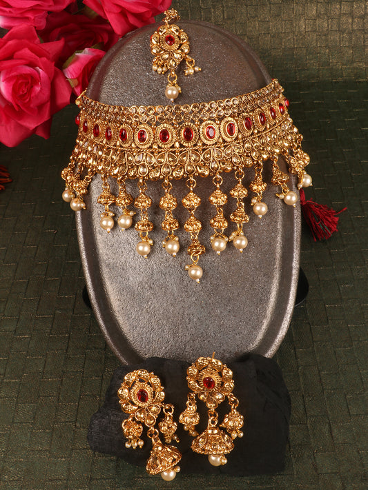 Gold-Plated Red & White Kundan-Studded & Pearl Beaded Vilandi Jewellery Set