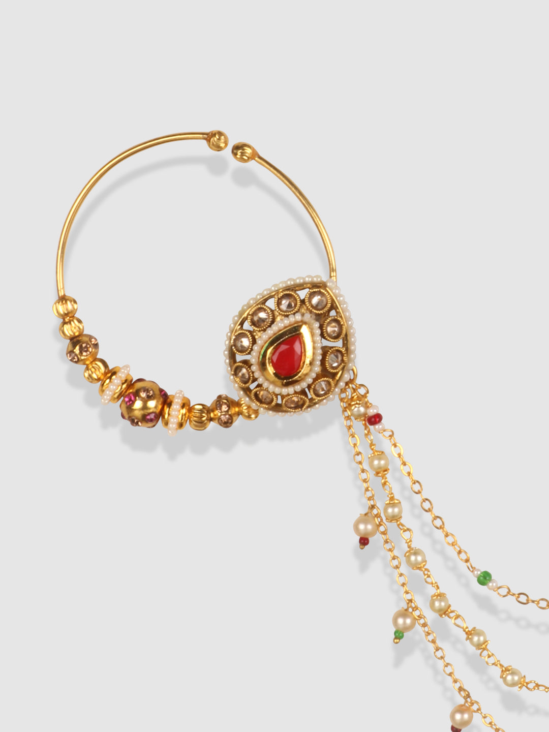 Gold-Plated Kundan & Ruby-Studded & Beaded Handcrafted Chained Nose Ring