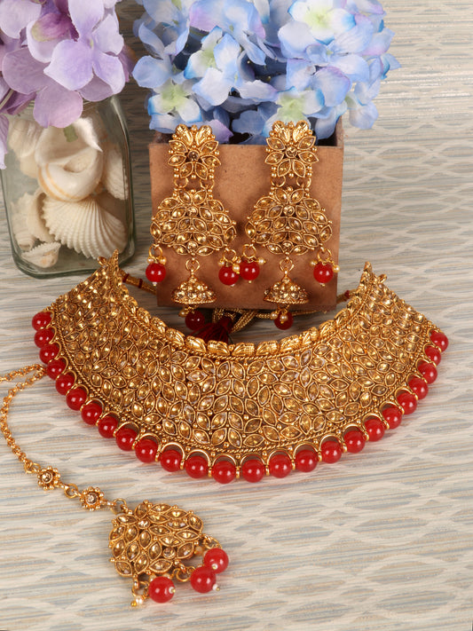 Gold-Plated & Red Stone Studded Choker Set