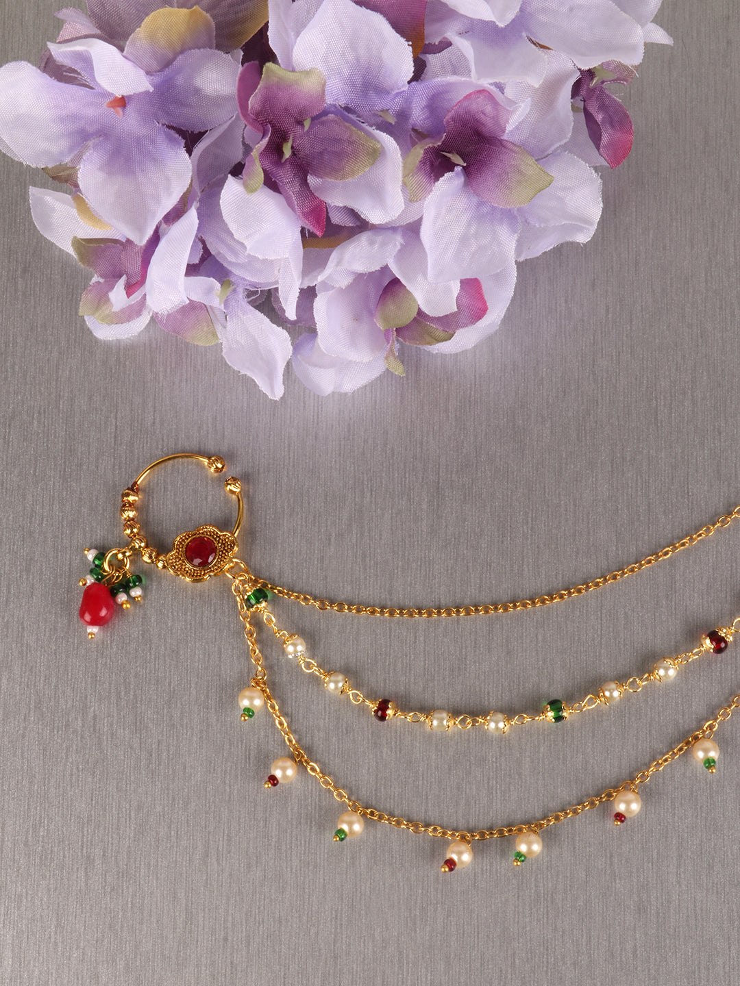 Red & Green Gold-Plated Handcrafted Stone and Pearl-Studded Chained Nose Ring