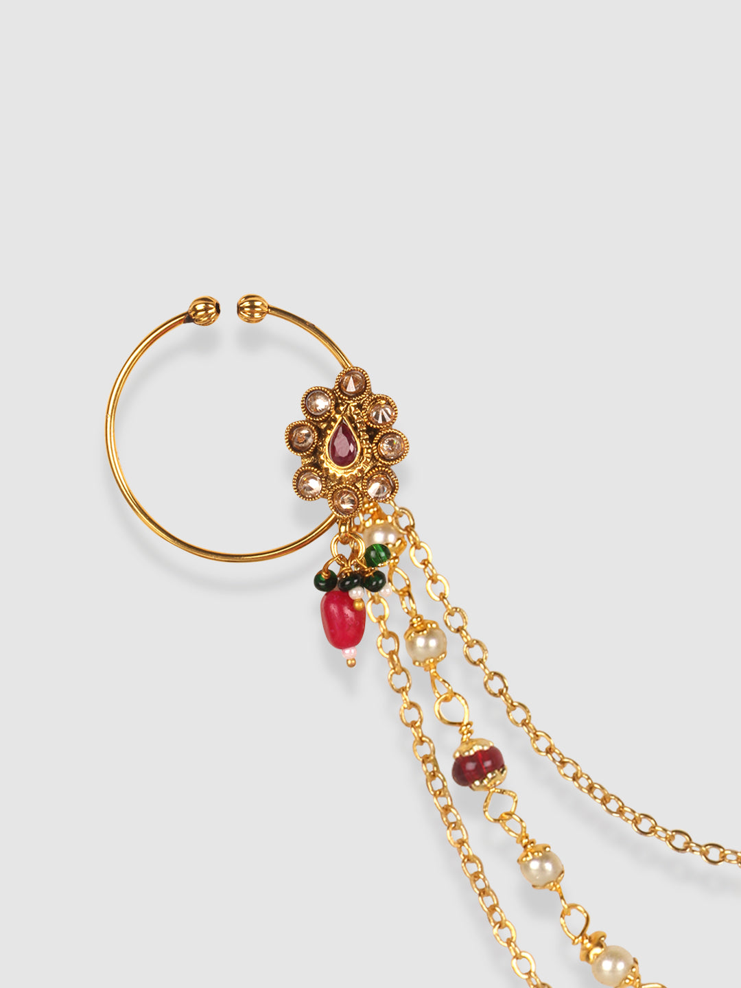 Gold-Plated Red & White Kundan Studded & Pearls Beaded Enamelled Nose Pin With Chain