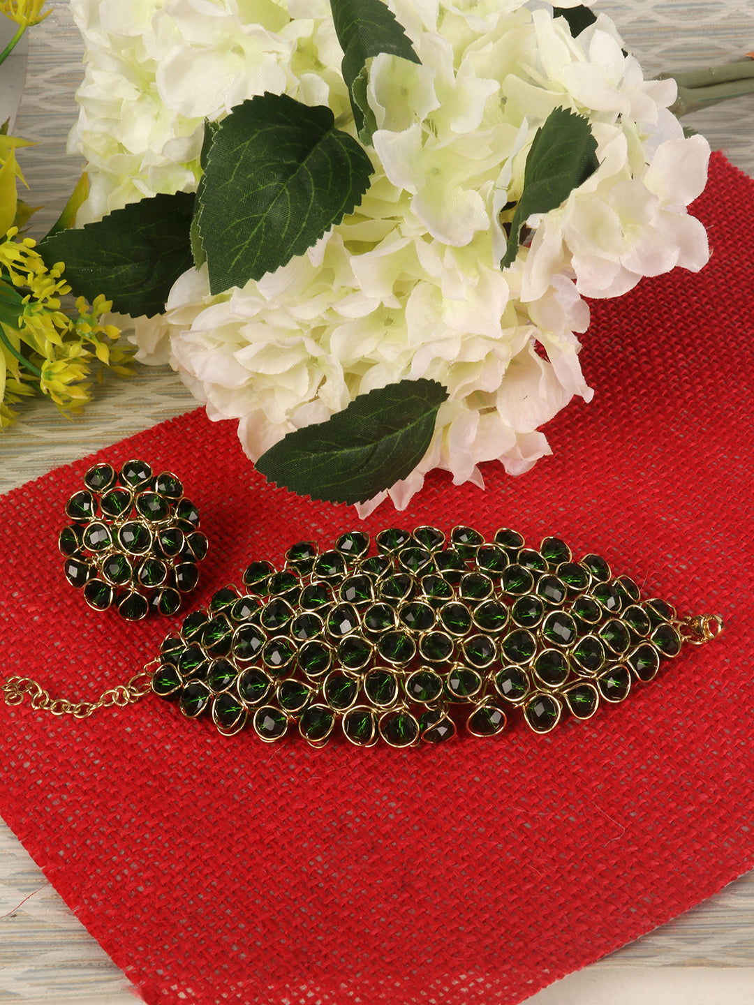 Women Set Of 2 Green Gold-Plated Artificial Beads Ring & Bracelet