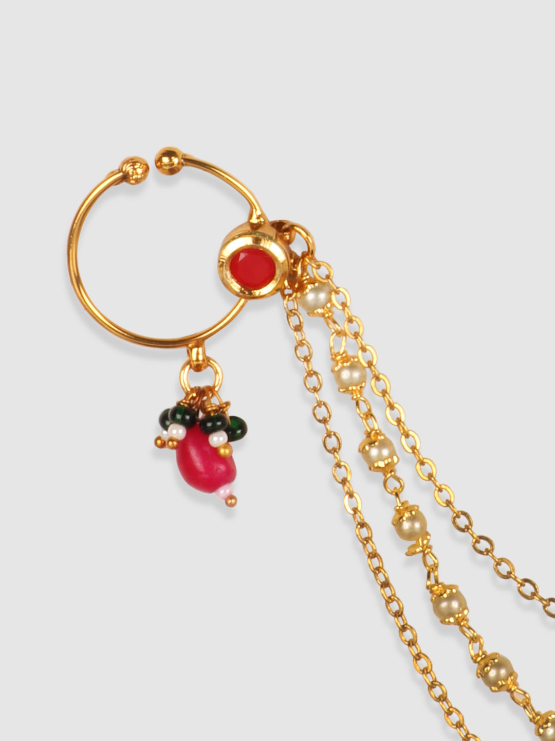 Gold-Plated & Beige Faux Kempu Ruby & Kundan-Studded Handcrafted Vilandi Nose Ring