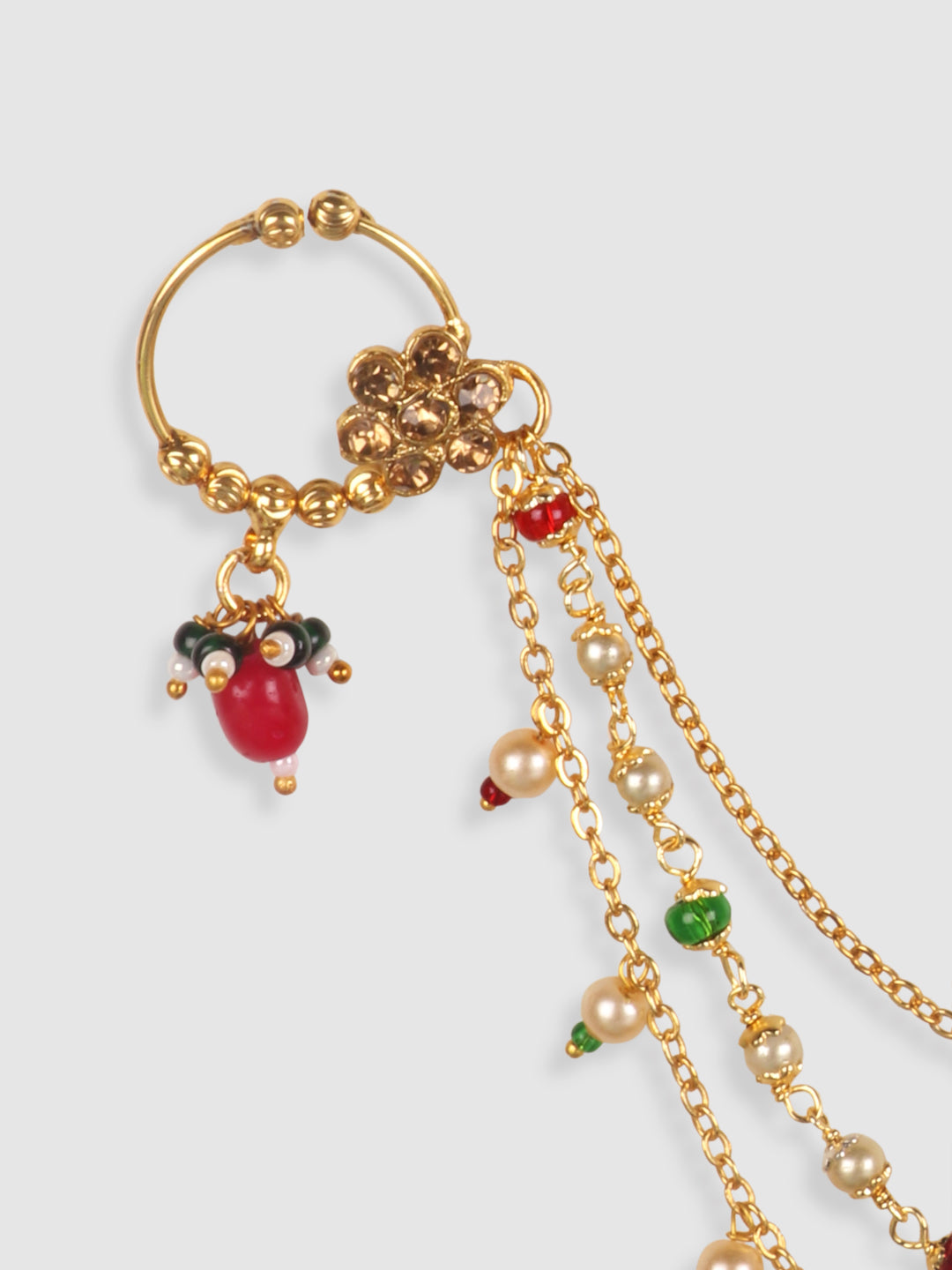 Gold-Plated Handcrafted Stone Pearl-Studded Chained Nose Ring