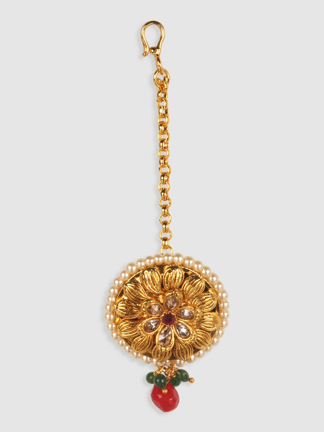 Gold-Plated & Red Kundan-Studded & Pearl Beaded Borla Maang Tikka