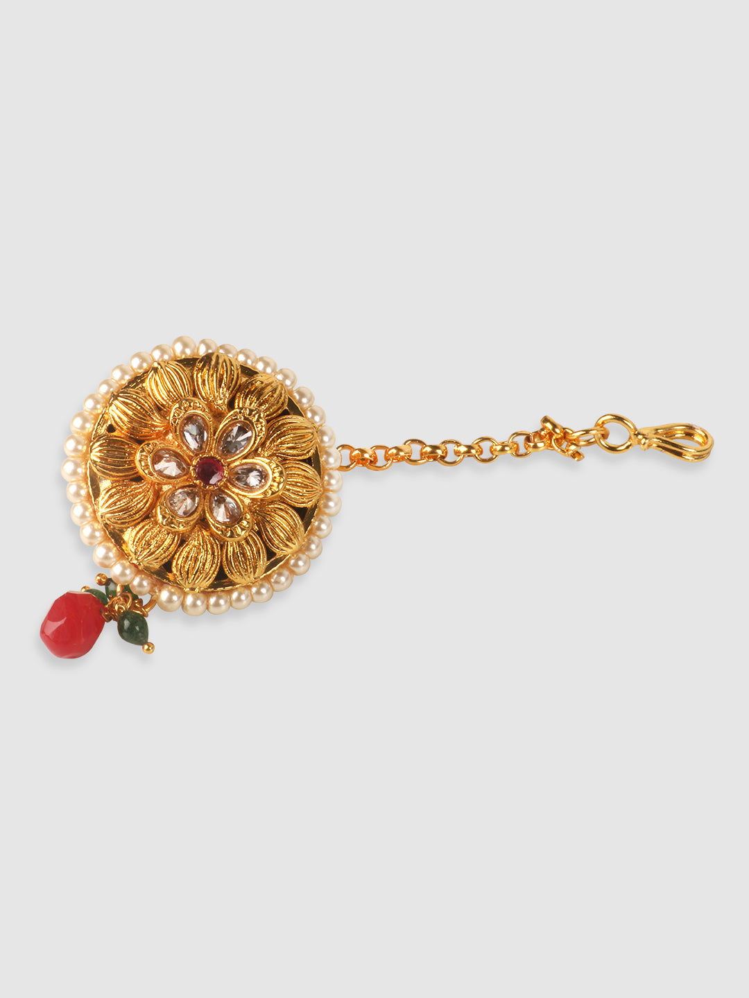Gold-Plated & Red Kundan-Studded & Pearl Beaded Borla Maang Tikka
