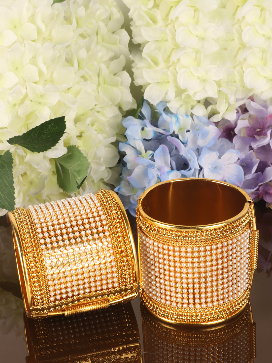 Women Set Of 2 Gold-Plated & White Pearls Cuff Bracelet