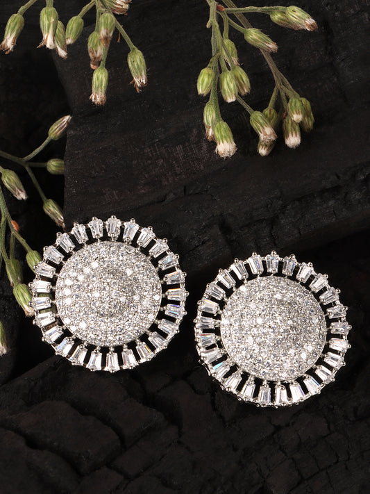 Silver-Plated White AD Studded Circular Studs Earrings
