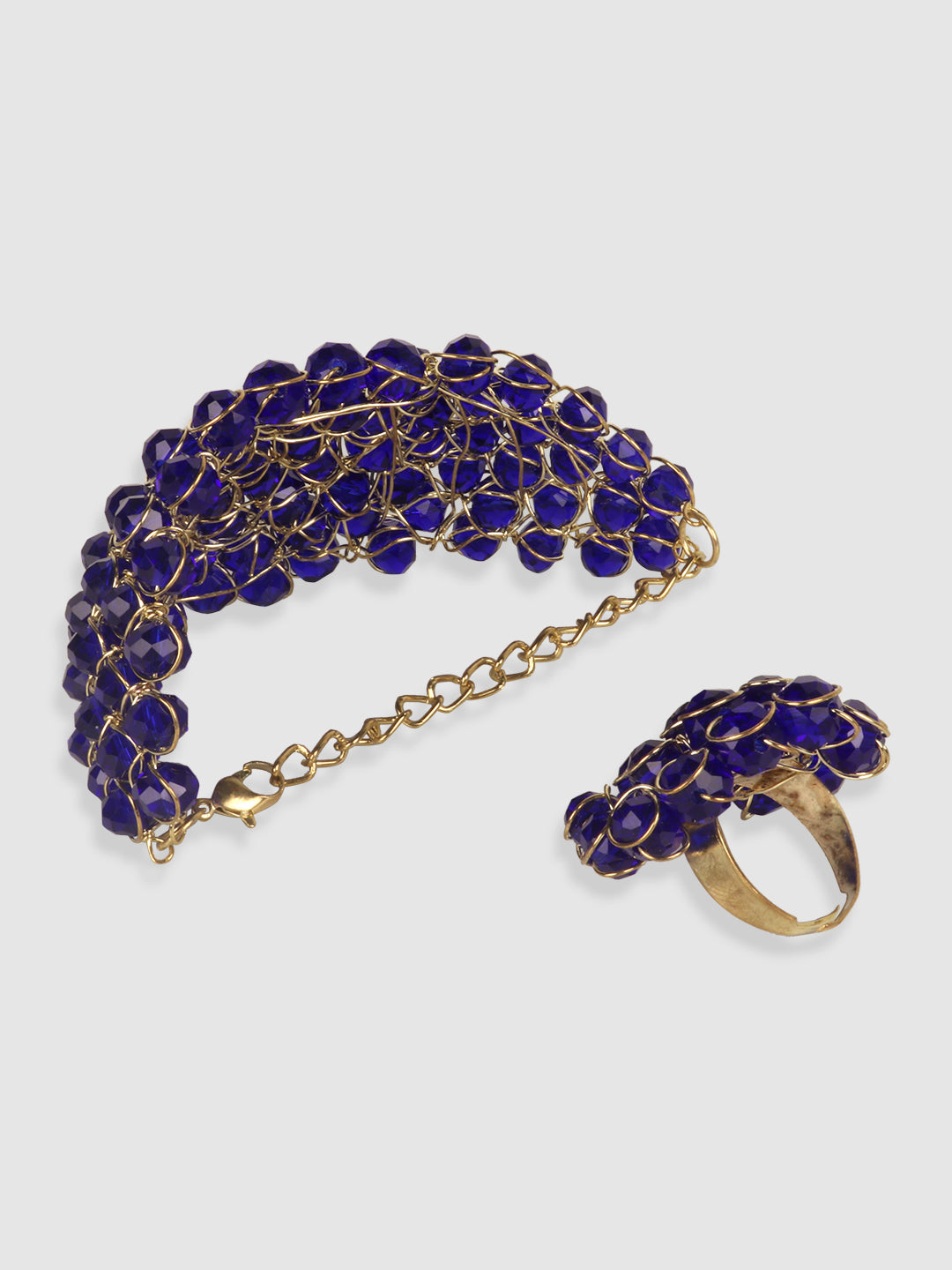 Woman Combo Of 2 Blue Artificial Beads Fashion Ring & Bracelet