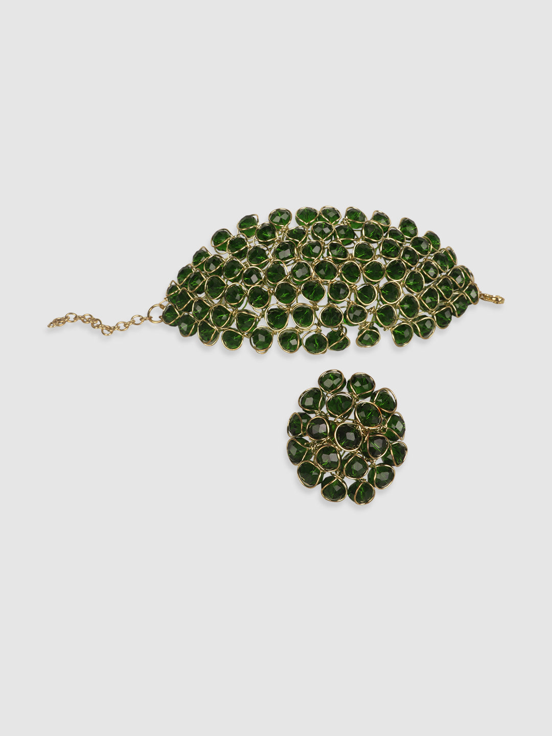 Women Set Of 2 Green Gold-Plated Artificial Beads Ring & Bracelet