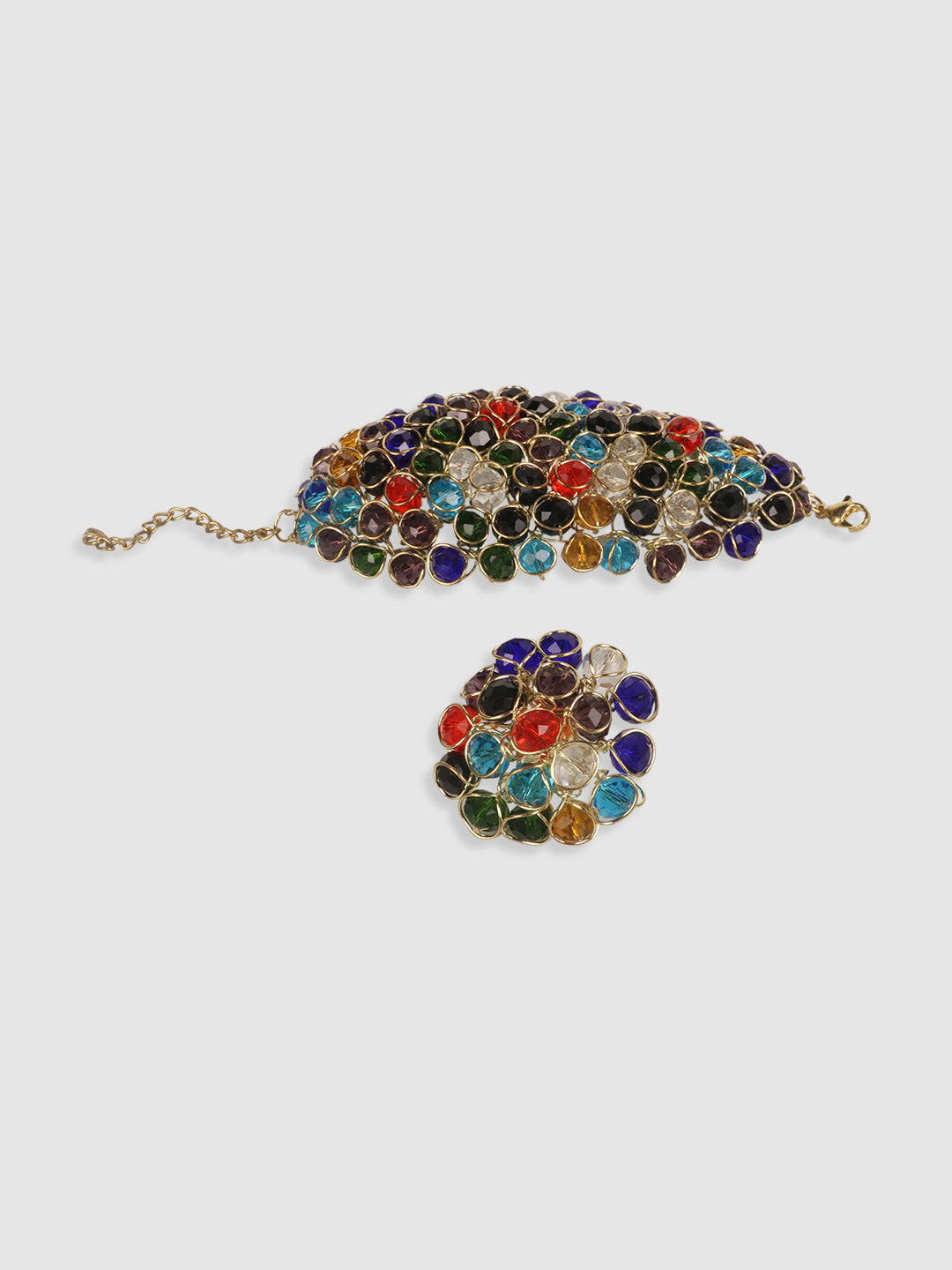 Set Of 2 Stylish Multicolour Artificial Beads Fashion Ring & Bracelet Combo