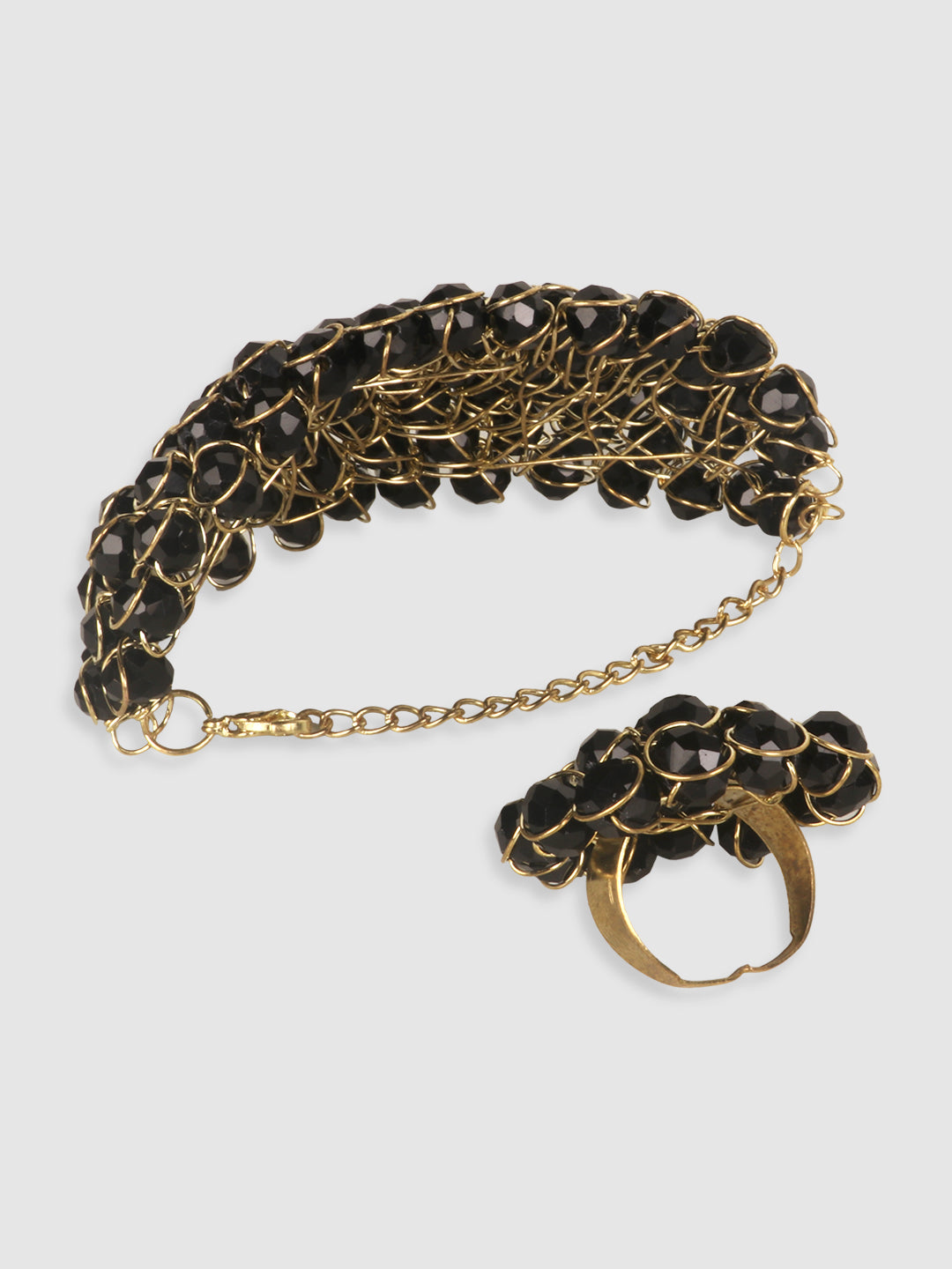 Set Of 2 Stylish Black Beaded Ring & Bracelet