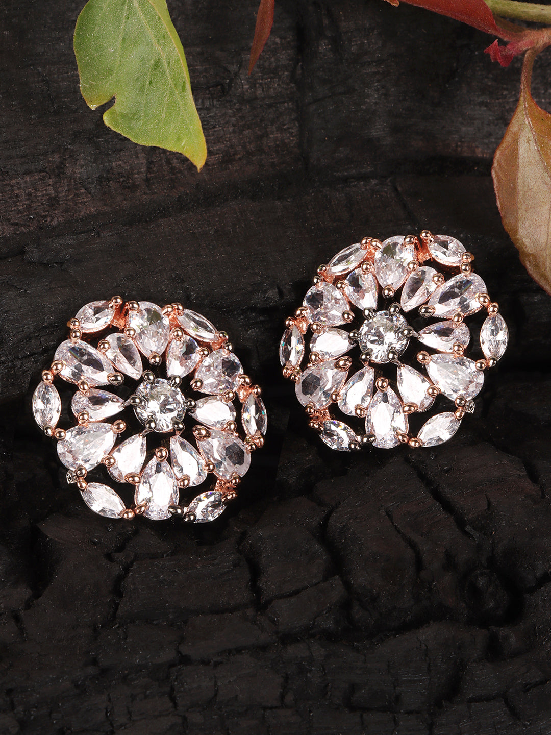 White & Silver-Plated Floral American Diamond Studded Earrings