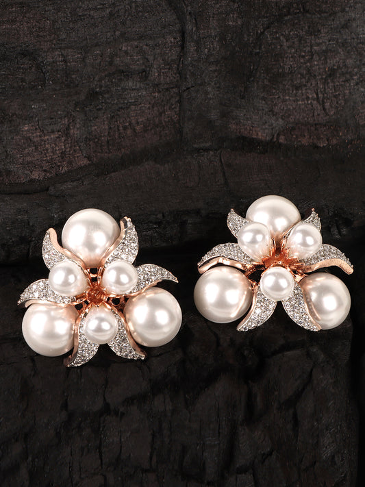 Gold-Plated White Pearls Beaded & AD Studded Studs Earrings