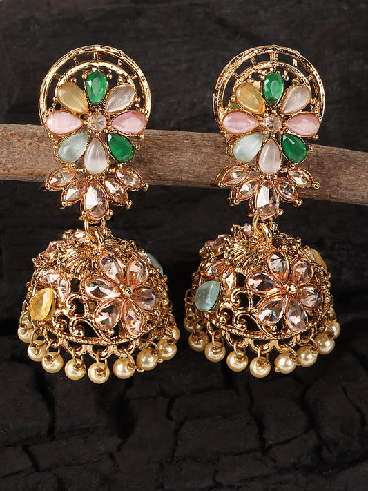Multicoloured Floral Gold-Plated Jhumkas Earrings