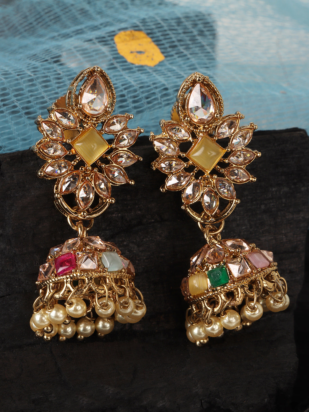 Gold-Plated & Yellow Stones Studded Dome Shaped Jhumkas Earrings