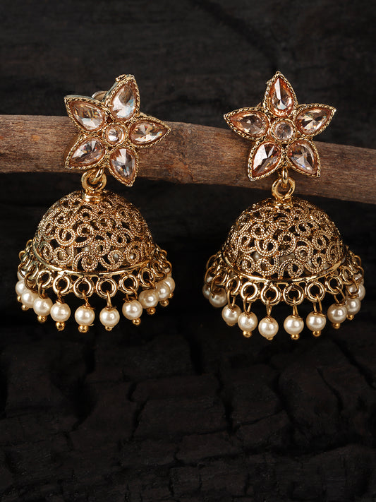 Gold-Plated Floral Stone Studded Jhumkas Earrings