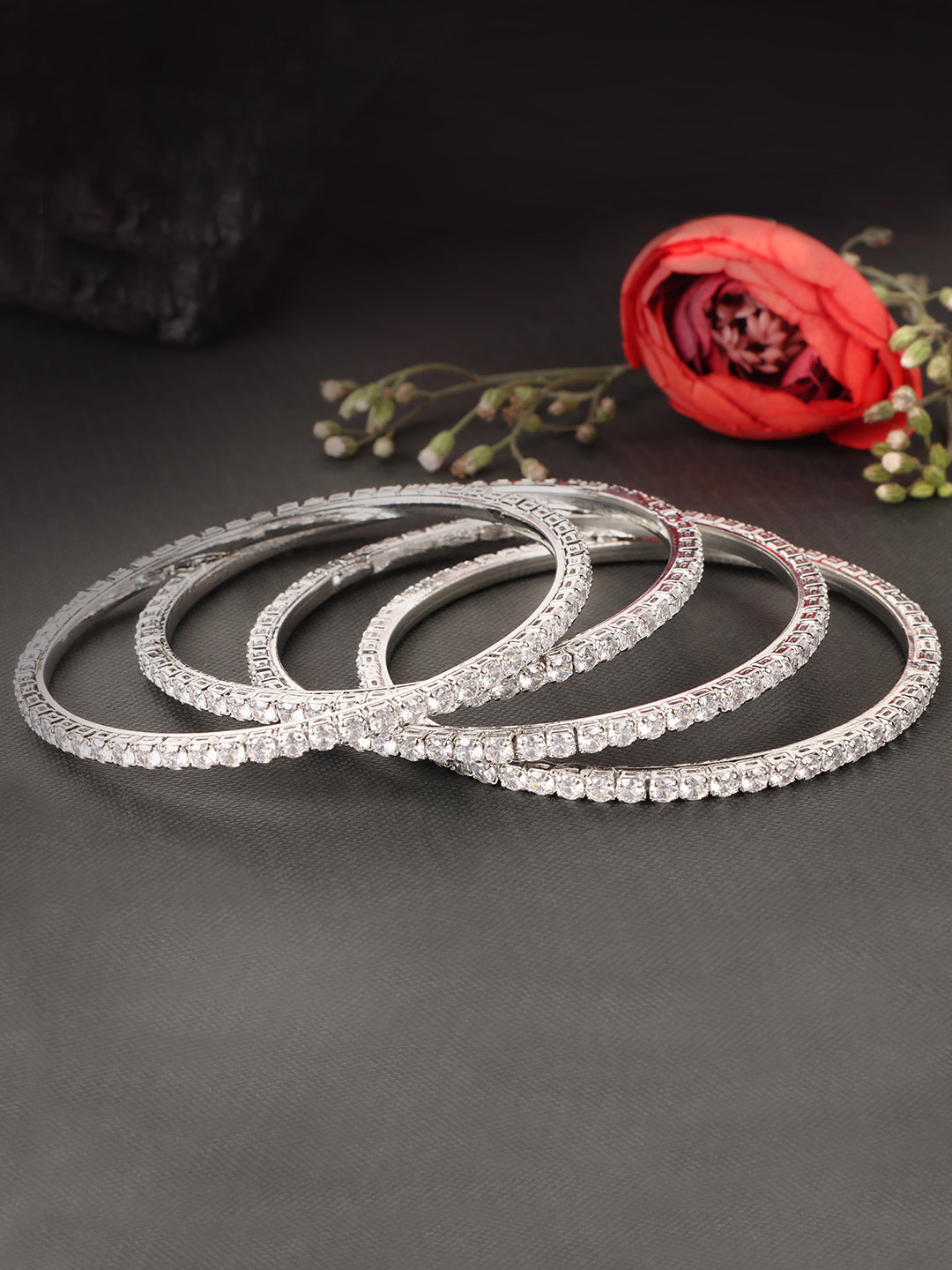 Set of 4 White Silver-Plated American Diamond Studded Bangles