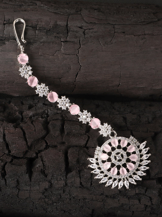 Silver-Plated White & Pink AD-Studded Maangtikka