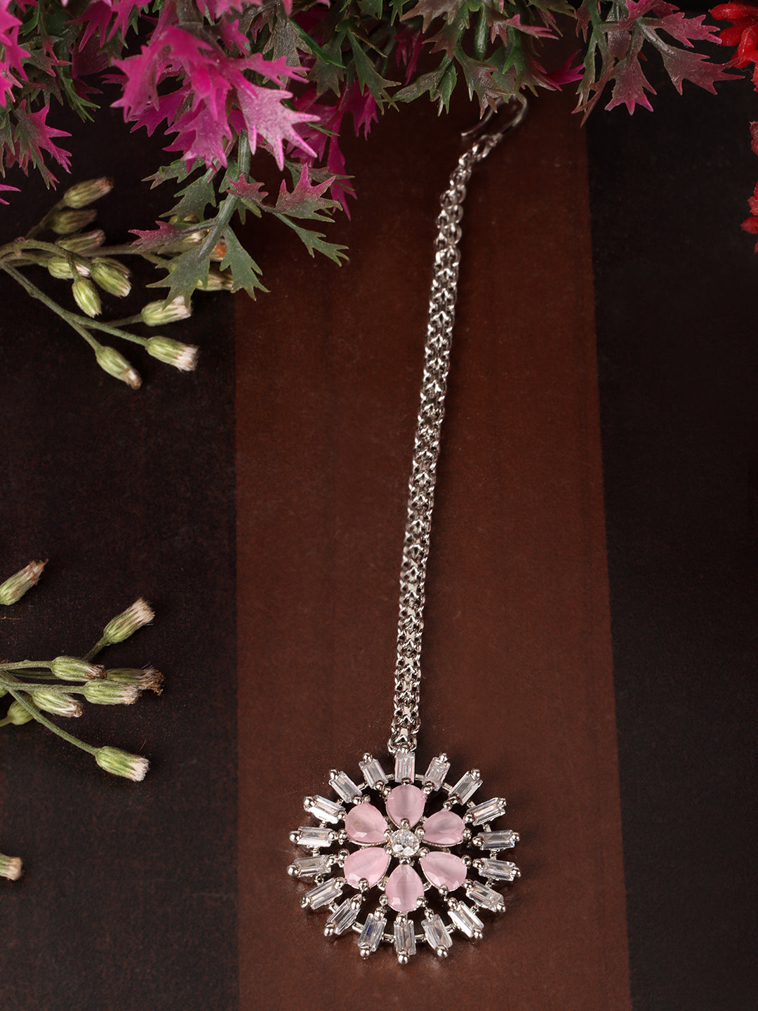 Silver-Plated White & Pink AD-Studded Handcrafted Maang Tikka