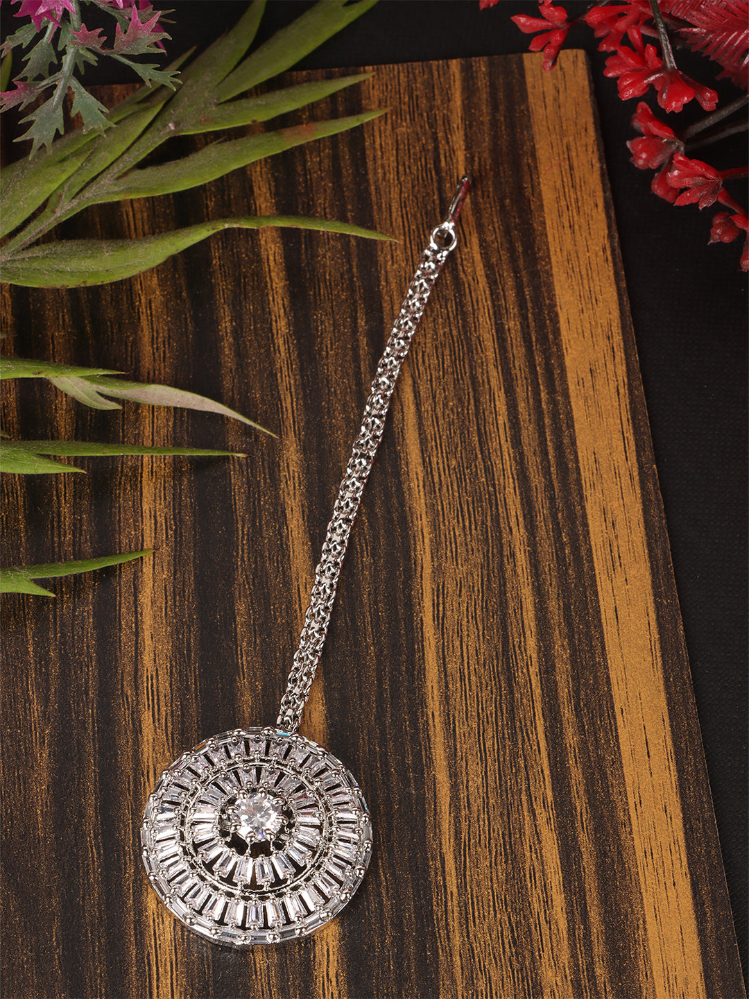 Silver-Plated White AD-Studded Maang Tikka